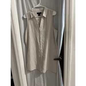Tahari Tan White Micro Striped Linen Blend Button Up Tunic Top Sz M Side Slits